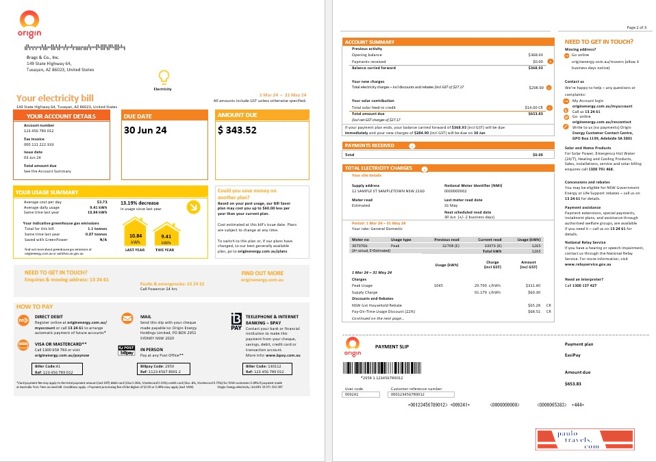 Australia New South Wales (NSW) Origin electricity business utility bill template in Word and PDF forma 1 2 pages PSD template